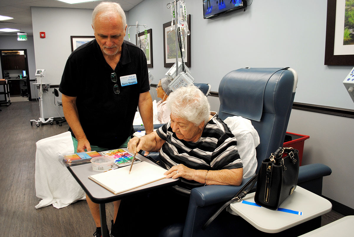 Shapiro instructs patient Mary Hoke on a coloring project.