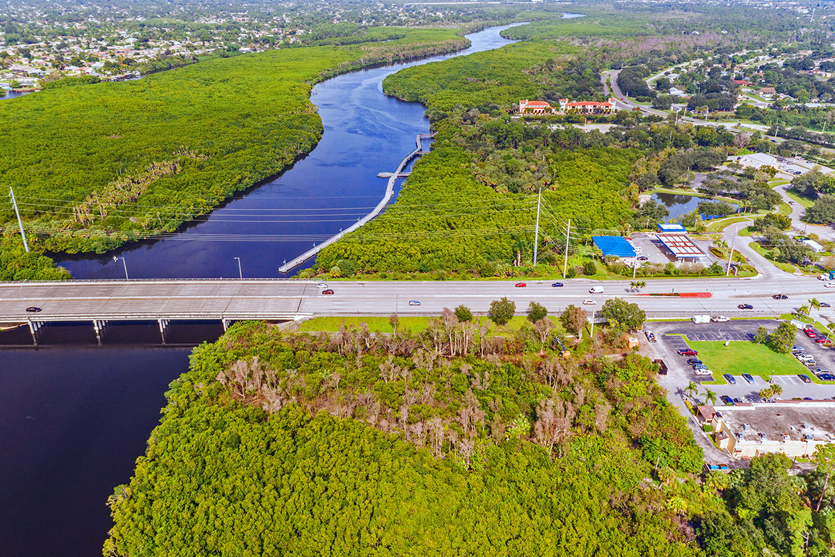 aerial view shows the Port St. Lucie Boulevard bridge and a portion of Westmoreland Park