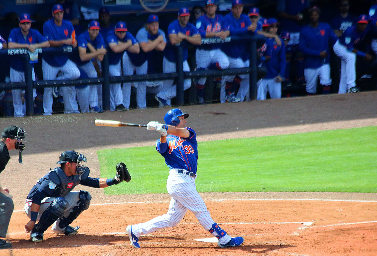 Michael Conforto eyes a home run last year at Mets Spring Training