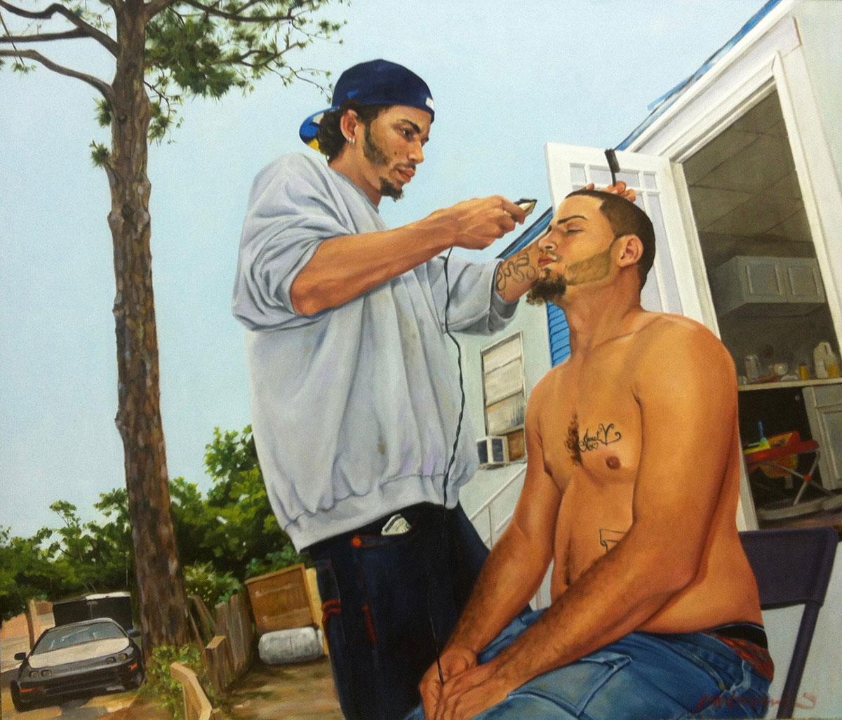 Part of Carbonara’s fascination with mobile home parks is how life takes place outside the confines of the trailer, such as this one depicting a haircut.