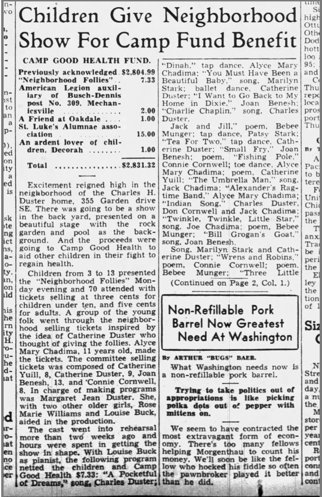 A 1939 front page article in the Cedar Rapids Gazette