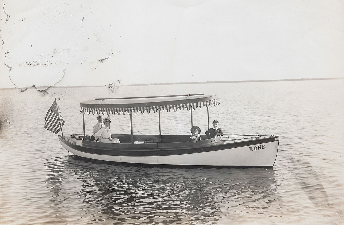 In his first days in Fort Pierce, R.N. Koblegard commissioned R.R. Gladwin in 1907 to build a “splendid cabin launch.’’ Pictured here, about 1910, on the Indian River are R.N. and wife, Rose May, and sons, Rupert Jr. and Ruhl, aboard Rose.