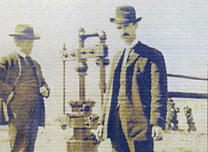 R.N. ‘Pop’ Koblegard, right, invested in Oklahoma oil wells with his brother-in-law E.R. Minshall, left. They were partners in the construction of the Sunrise Theatre after asking city fathers what they should do with recent oil profits.