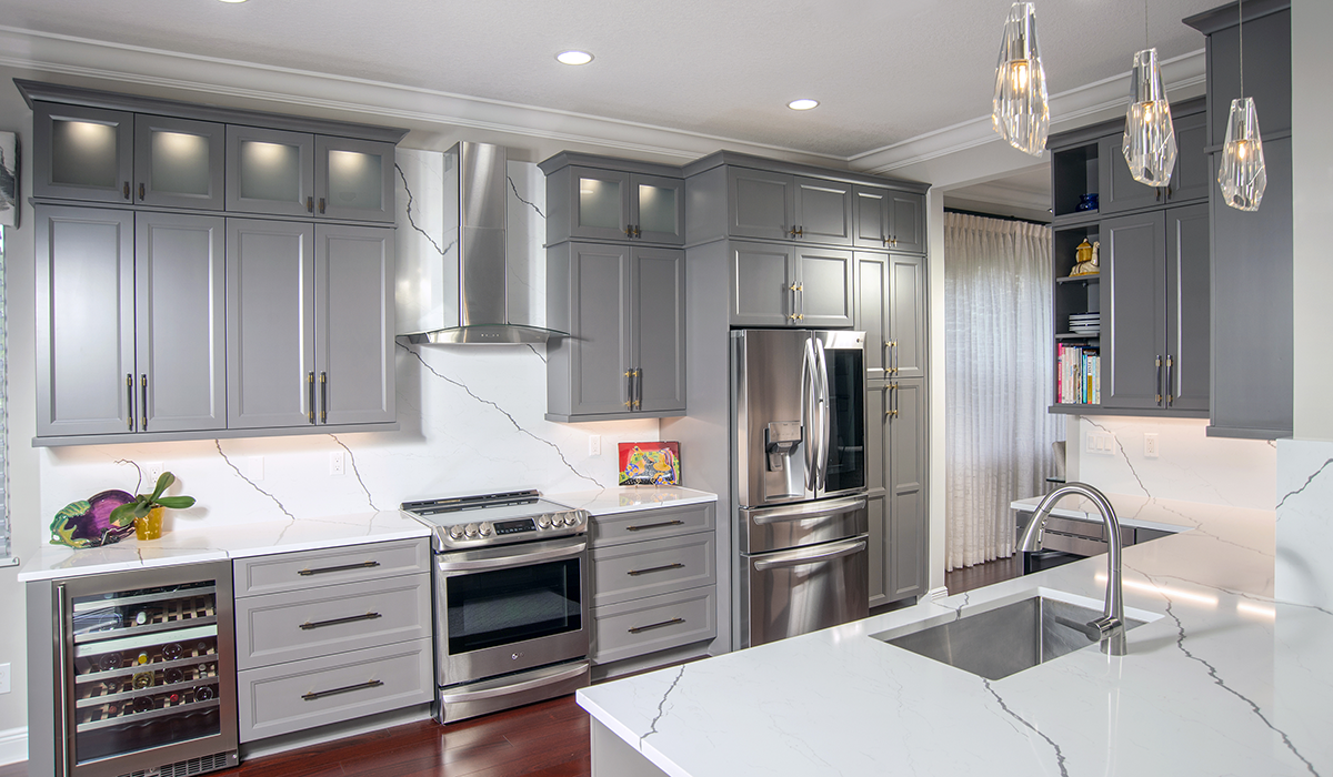 Bold patterned stone countertops, also used as the backsplash, were Wilson’s design idea.