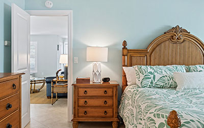 Pale aqua is the color Deborah Underhill chose for the guest bedroom, leading to a sense of tranquility to help ease overnight guests into a peaceful slumber.
