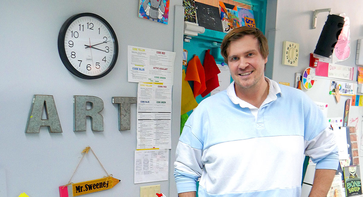 Christopher Sweeney teaches art to K-5th graders at Beachland Elementary School