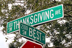 Thanksgiving Avenue and Best Street signs