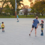 The new Skate City roller rink draws skaters every day using a mixture of four-wheeled skates, inline skates, skateboard and scooters. From toddlers with mom or dad assisting to experienced adults they enjoy the newly poured smooth concrete surface.