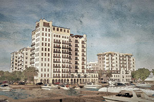 A rendering shows the King’s Landing development to be built along Moore’s Creek. It will include a boutique hotel, condos, town homes, restaurants and shops. A Live Oak Holdings spokesman says work will begin soon on the site.