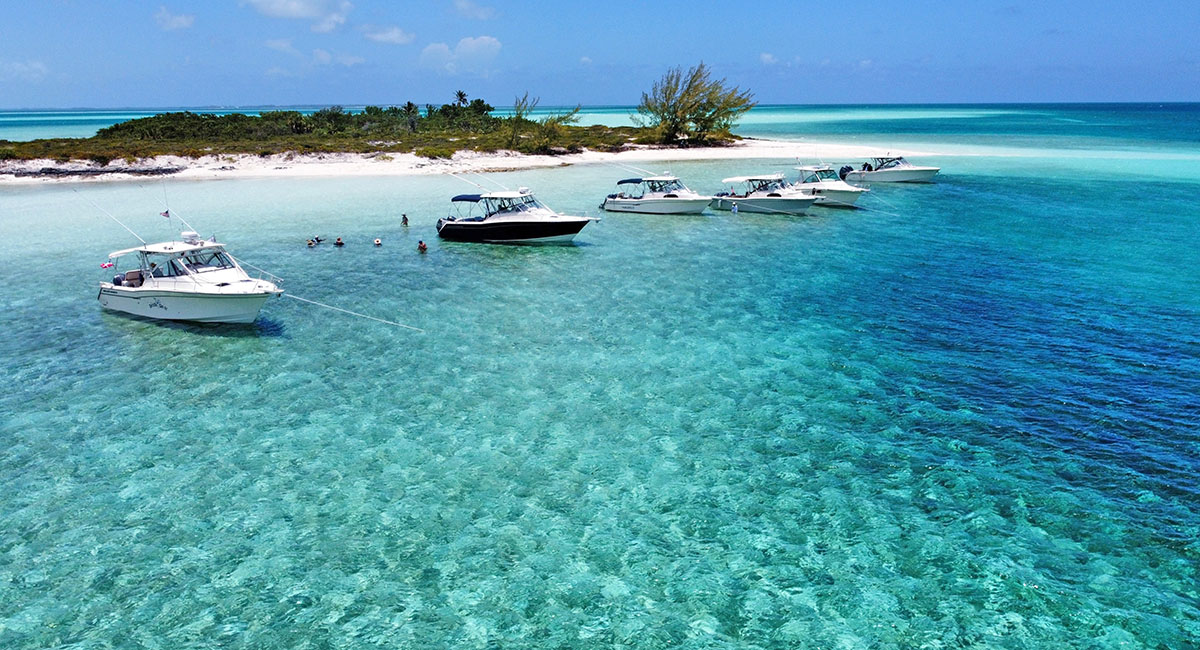 Grady White boats that are part of Vero Marine Center’s Grady Bunch anchor off Schooner Cay, Eleuthera, Bahamas.