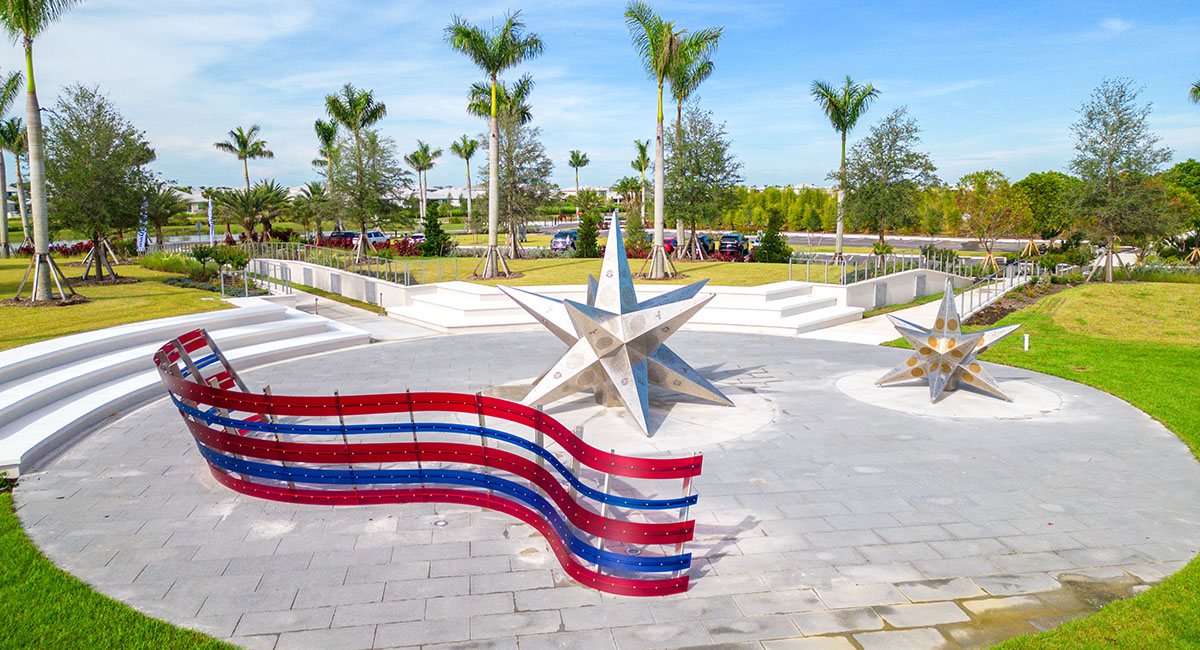In homage to veterans and first responders, the new Stars and Stripes Park in Tradition features patriotic sculptures.